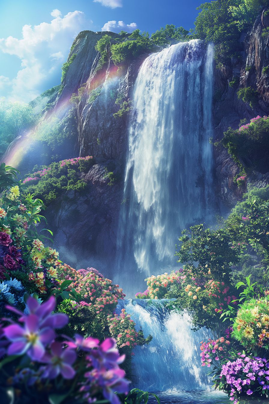 Exquisite artwork featuring a waterfall in a lush, colorful setting, surrounded by vibrant flowers and greenery, evoking a sense of peace and harmony.