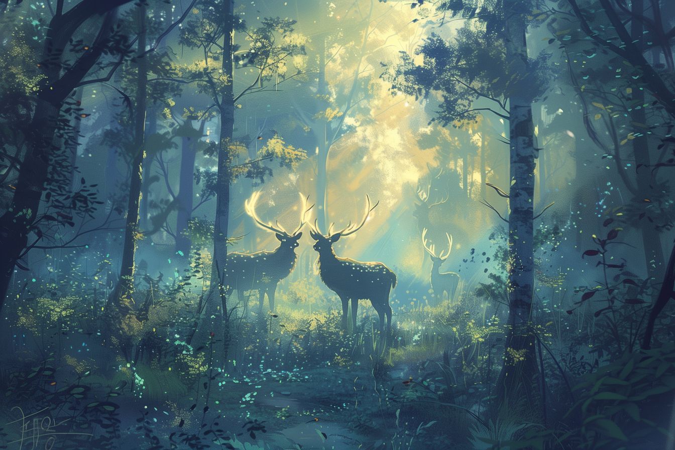 An enchanting artwork of a forest bathed in ethereal light with majestic deer and glowing antlers amidst lush greenery, creating a tranquil atmosphere.