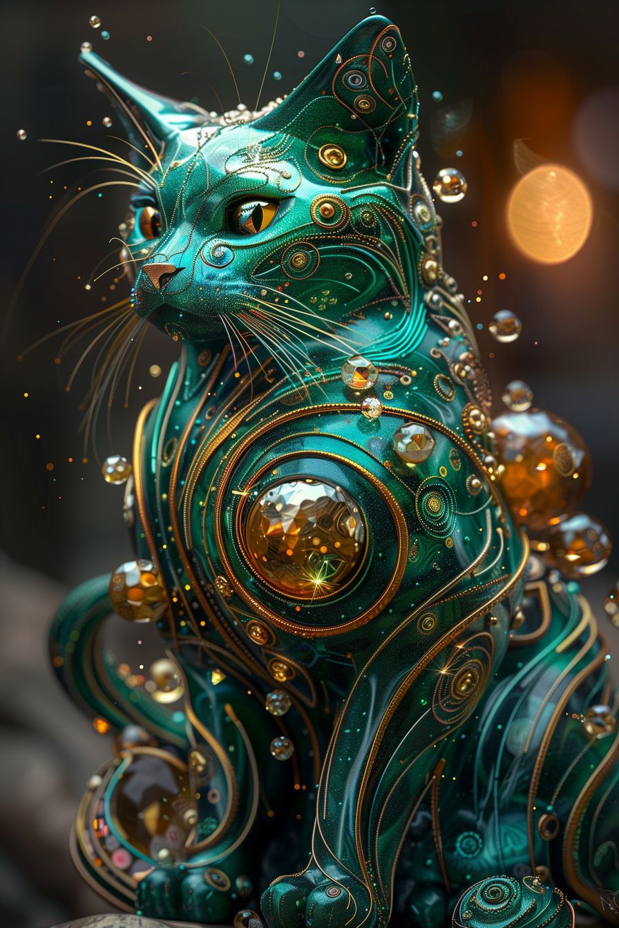 Stunning depiction of a mechanical cat with intricate details and shimmering lights, capturing the essence of steampunk fantasy.