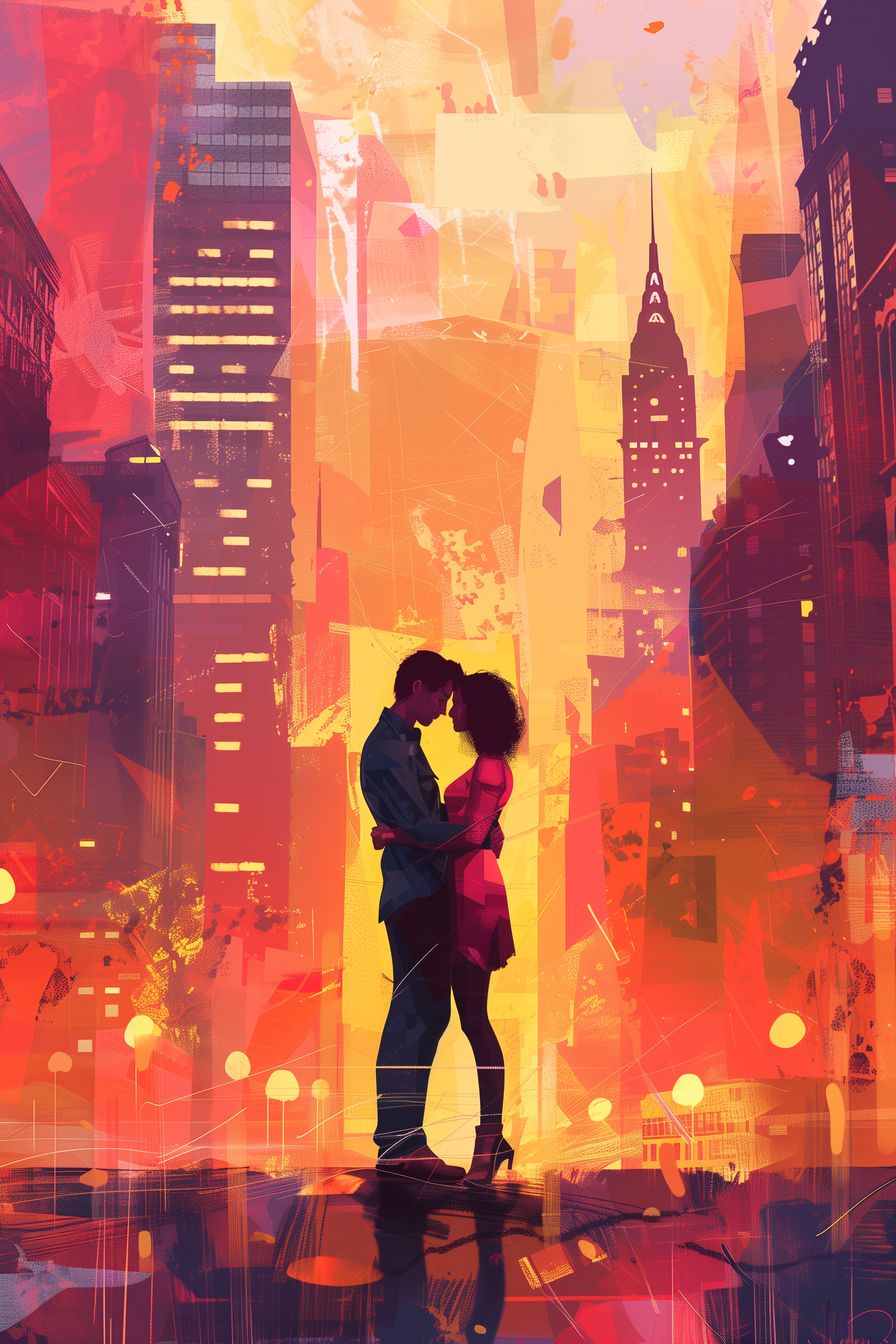 Stunning depiction of a romantic embrace amidst an urban backdrop, with vivid hues and dynamic cityscape elements creating an electric atmosphere.