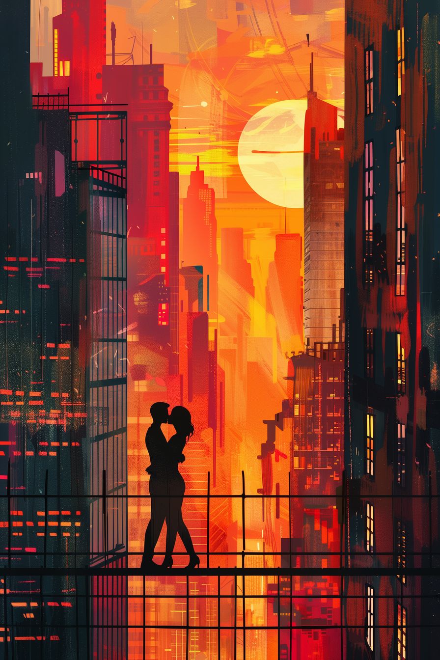 Stunning depiction of a romantic embrace amidst an urban sunset backdrop, with vivid colors and dynamic cityscape elements creating an electric atmosphere.