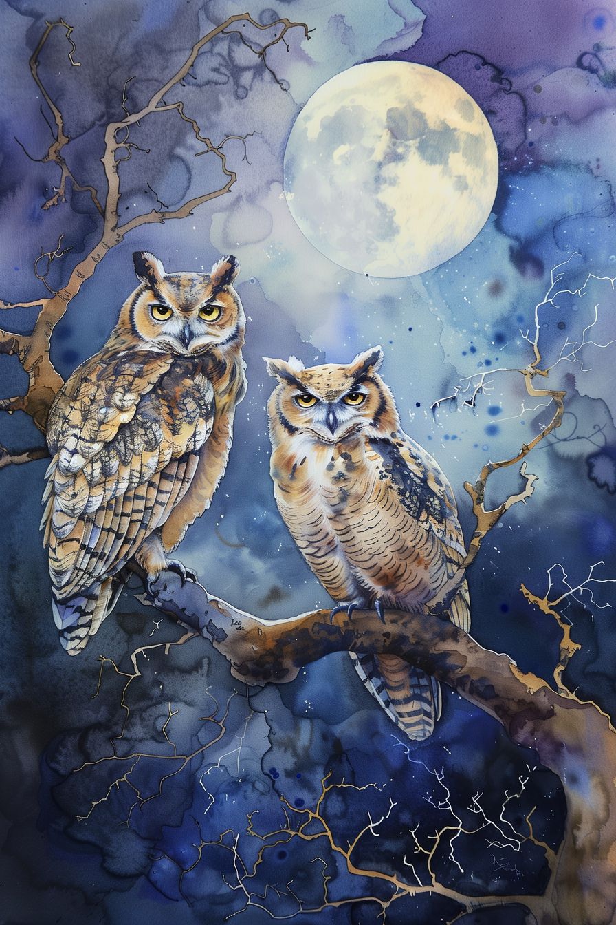 Beautiful depiction of two owls in a moonlit night, with intricate feather details and a magical night sky background.