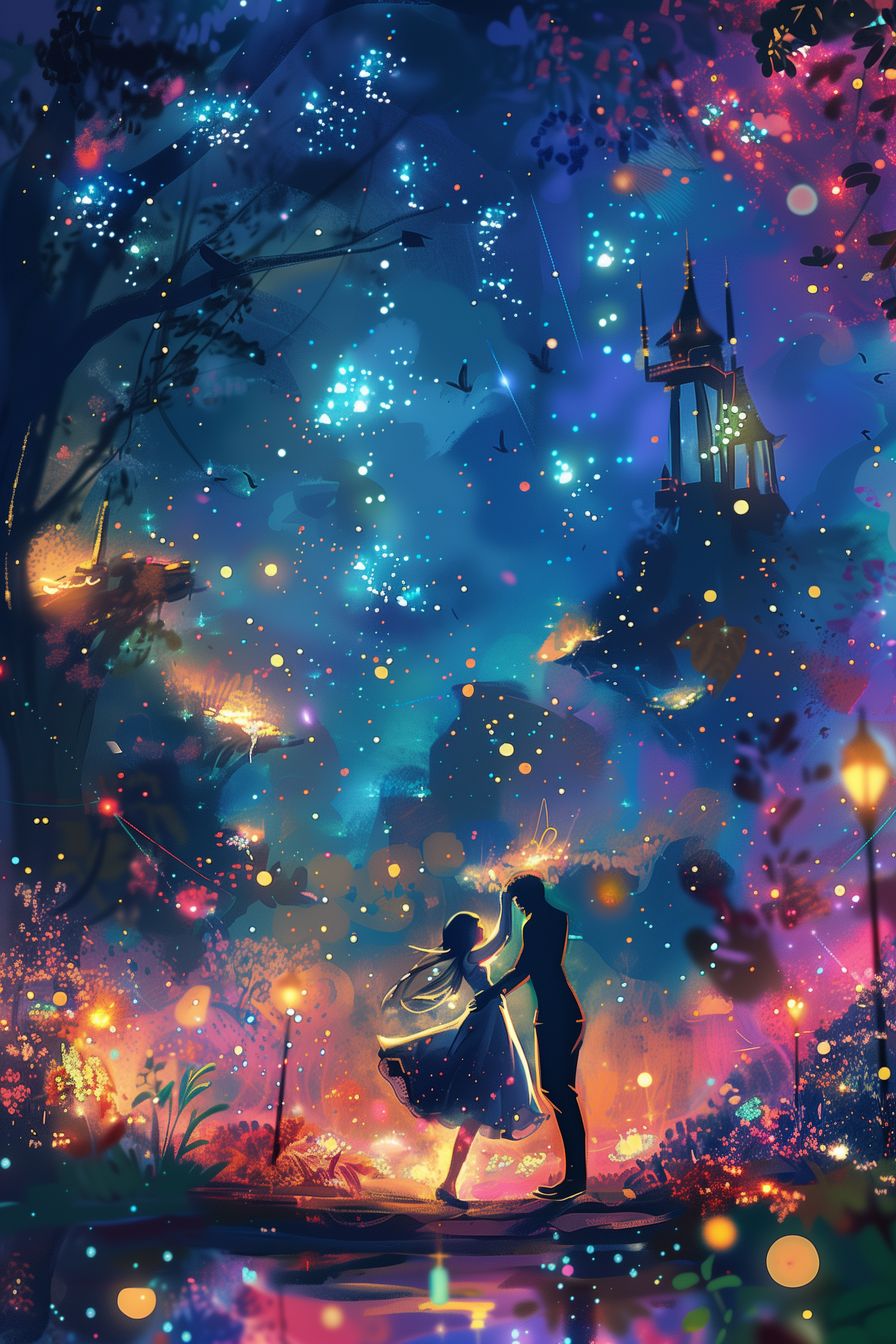 Beautiful depiction of a romantic dance amidst a magical night setting, with twinkling lights and vibrant colors creating a dreamlike atmosphere.