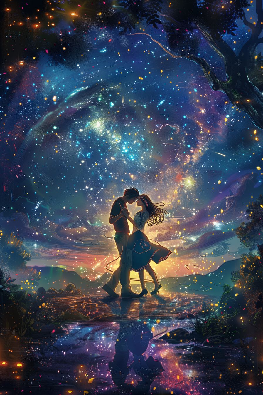 Beautiful depiction of a romantic dance in a cosmic setting, with glowing stars and vibrant colors creating an ethereal night scene.