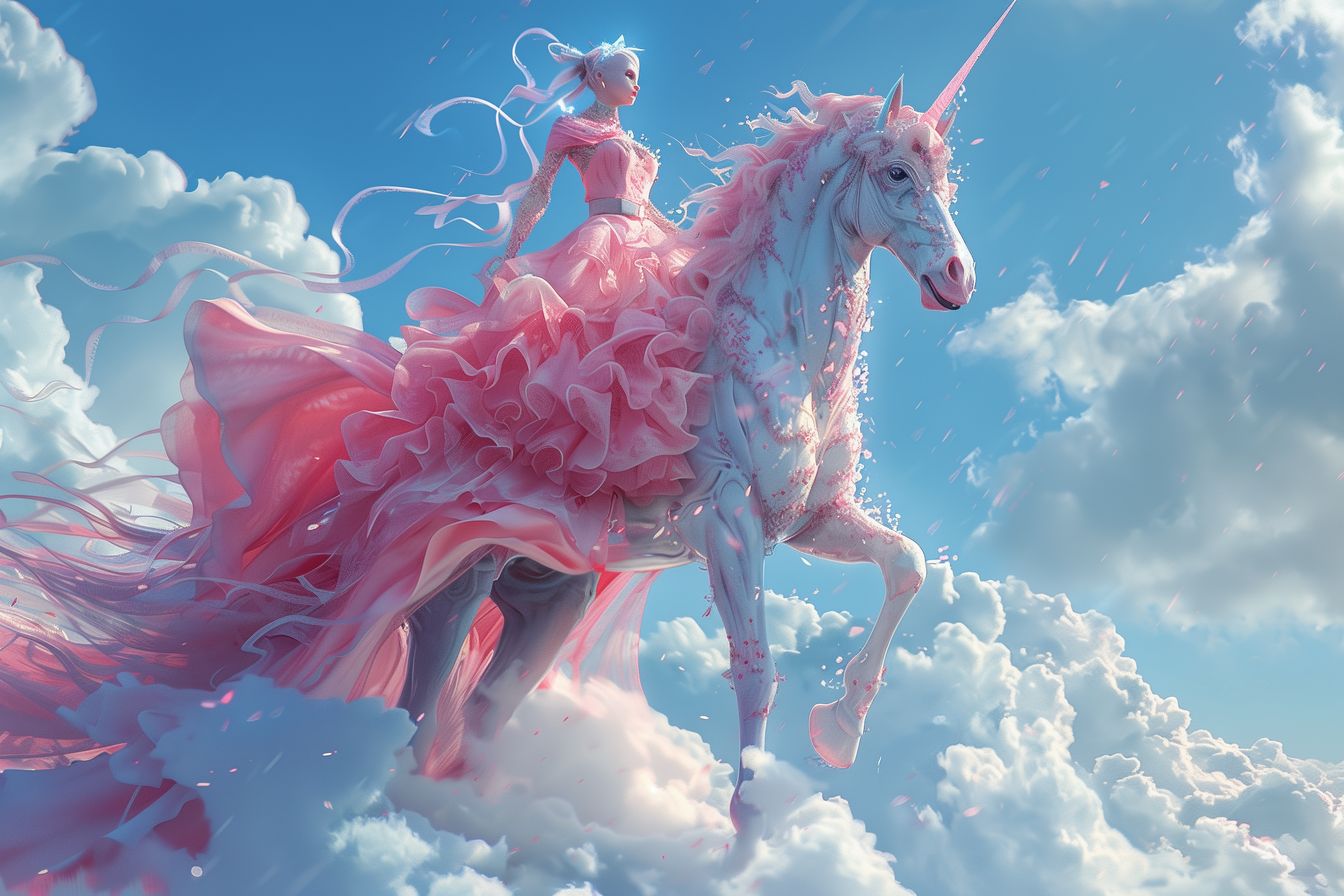 Beautiful depiction of a unicorn adorned with delicate blossoms and an elegant figure riding through the skies, capturing the essence of fantasy and serenity.