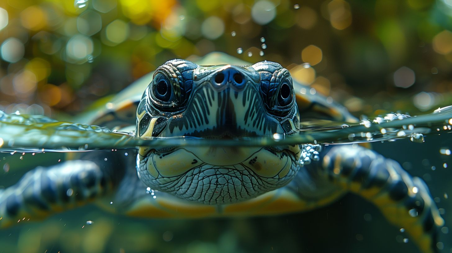 Beautiful depiction of a turtle emerging from the water, capturing the tranquility and gentle expression of aquatic life in a detailed and vibrant setting.