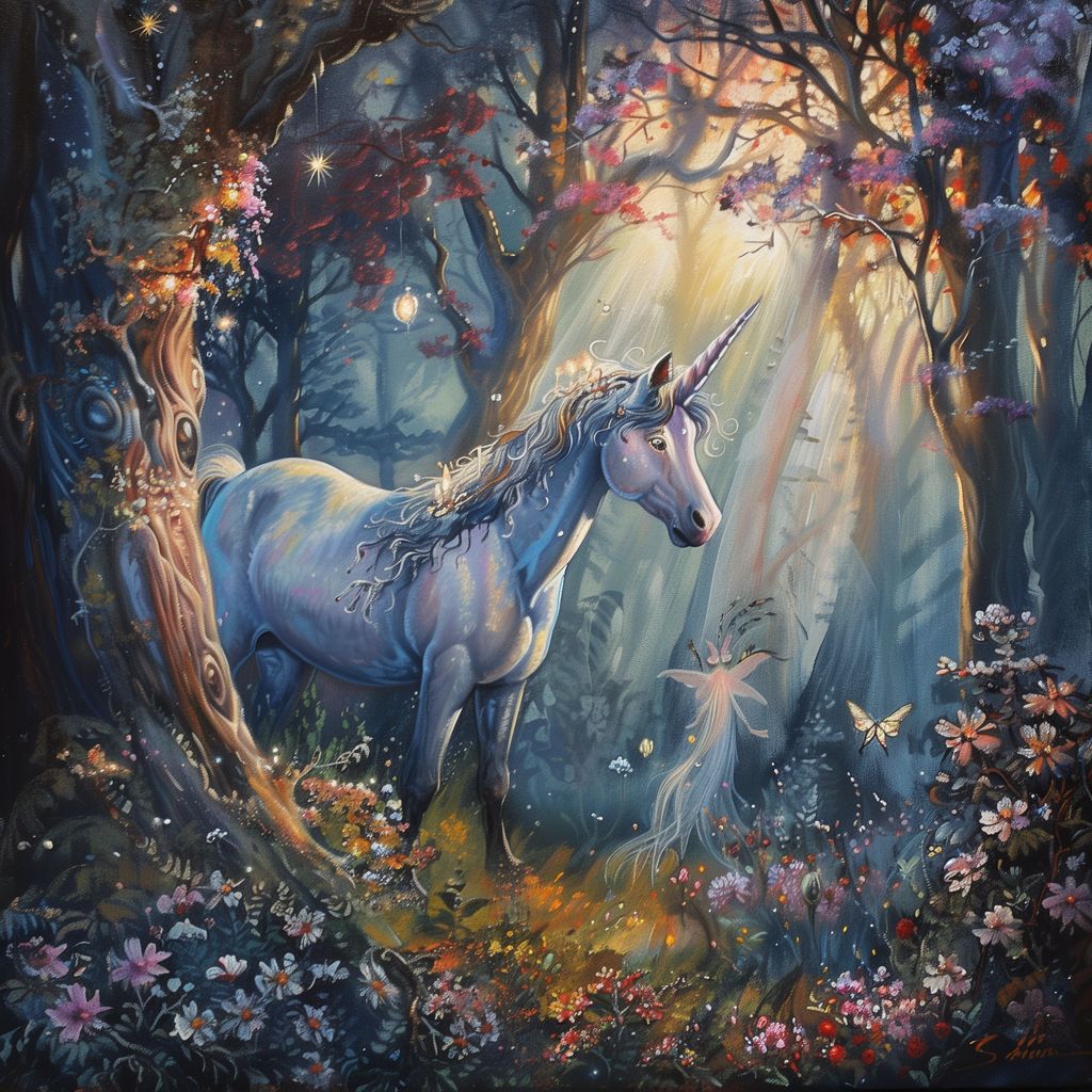 Beautiful depiction of a unicorn in an enchanted glade, with intricate details of flowers and fairies, capturing the essence of fantasy and serenity.