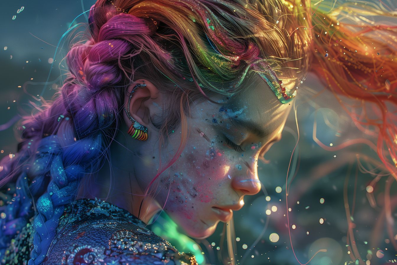 Beautiful depiction of a dreamer adorned with cosmic hues and intricate details, evoking a sense of wonder and imagination in a captivating setting.