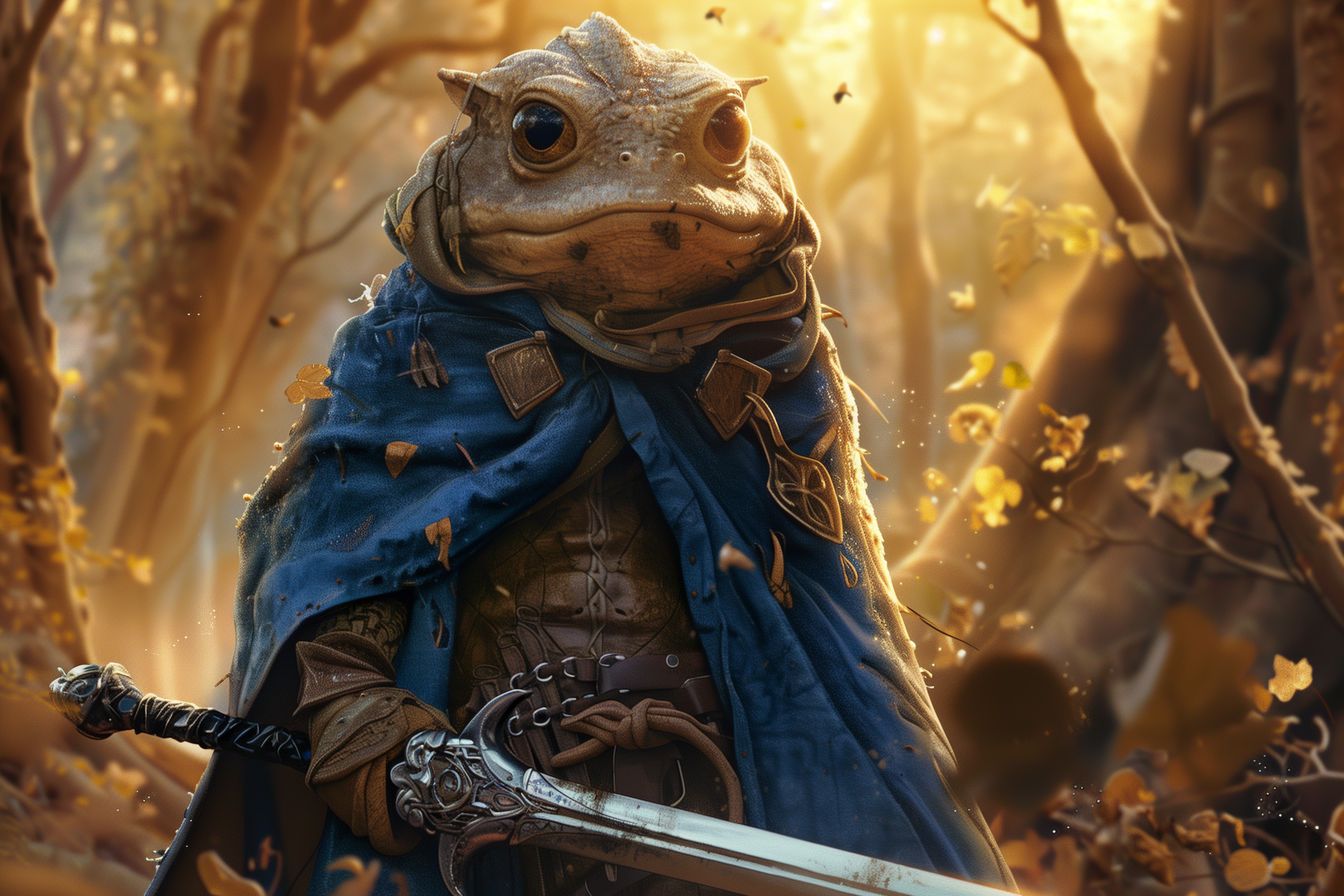 Beautiful depiction of an anthropomorphic frog knight in a forest, with intricate details of the cloak and sword, capturing the essence of fantasy and heroism.