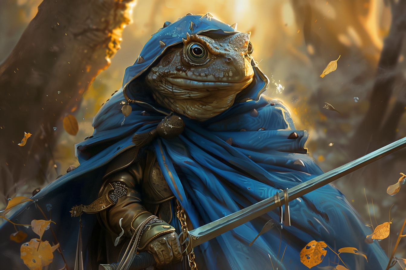 Beautiful depiction of an anthropomorphic toad knight in a forest, with intricate details of the cloak and sword, capturing the essence of fantasy and heroism.