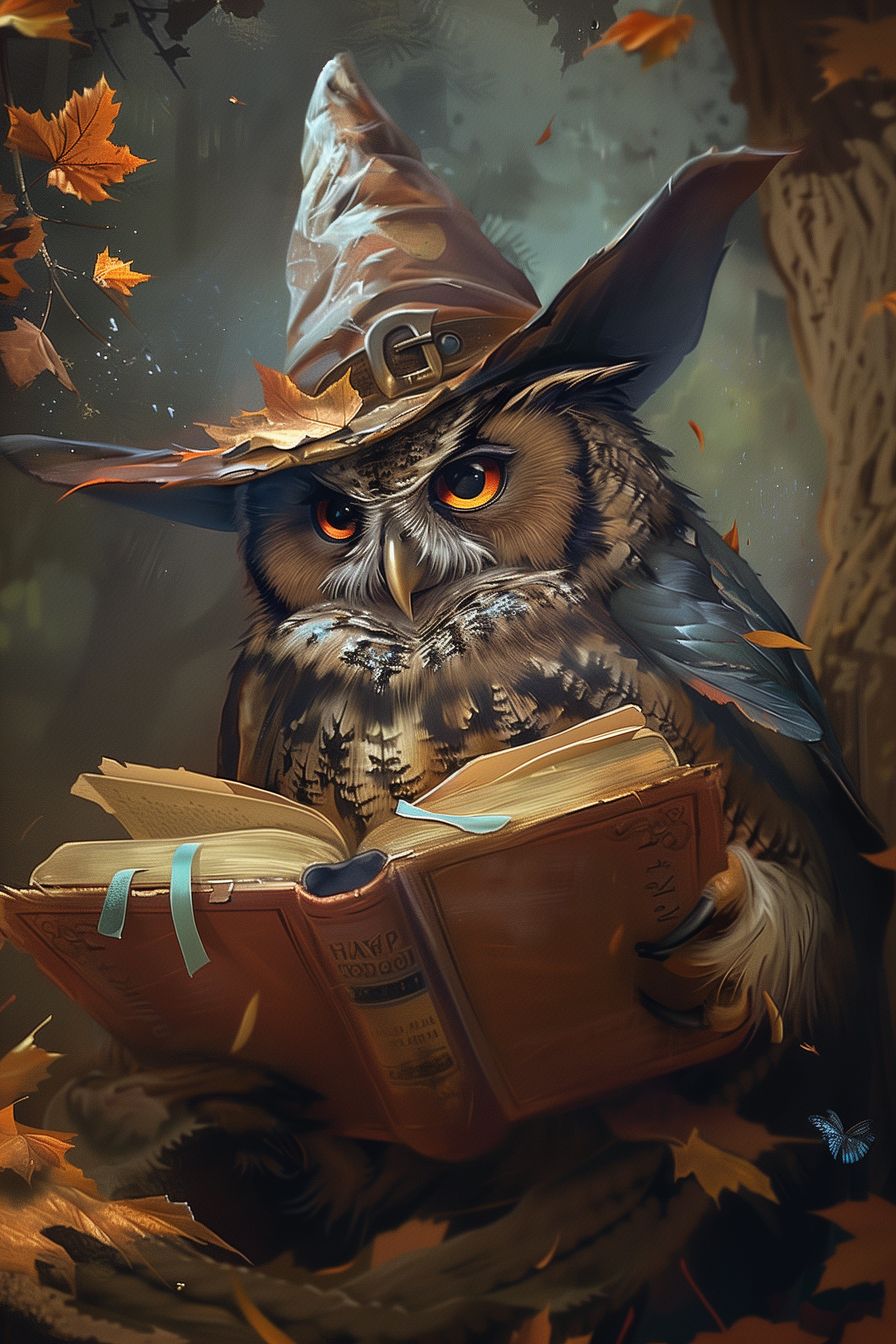 Beautiful depiction of an anthropomorphic owl engrossed in a spellbook, with rich tones and enchanting details, capturing the essence of fantasy and academia.