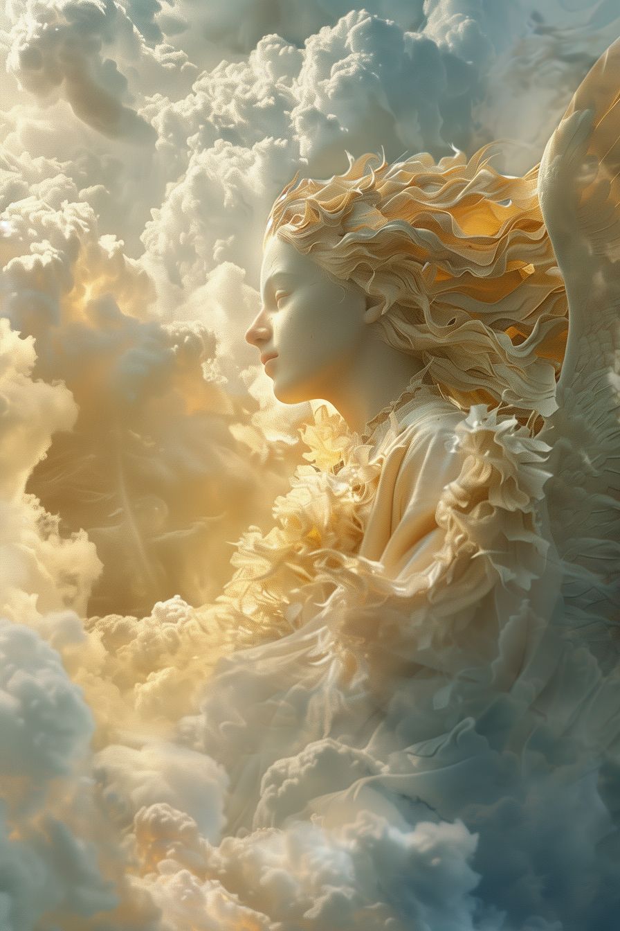 Beautiful depiction of an angel in quiet contemplation, surrounded by warm light and dreamlike clouds, capturing the essence of divinity and fantasy.