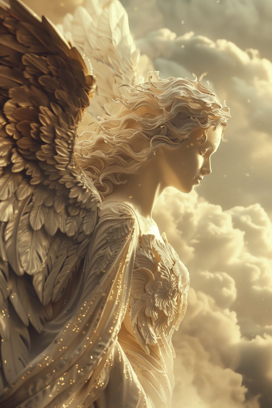 Beautiful depiction of an angel standing vigilant among the clouds, surrounded by soft, golden light, capturing the essence of divinity and peace.