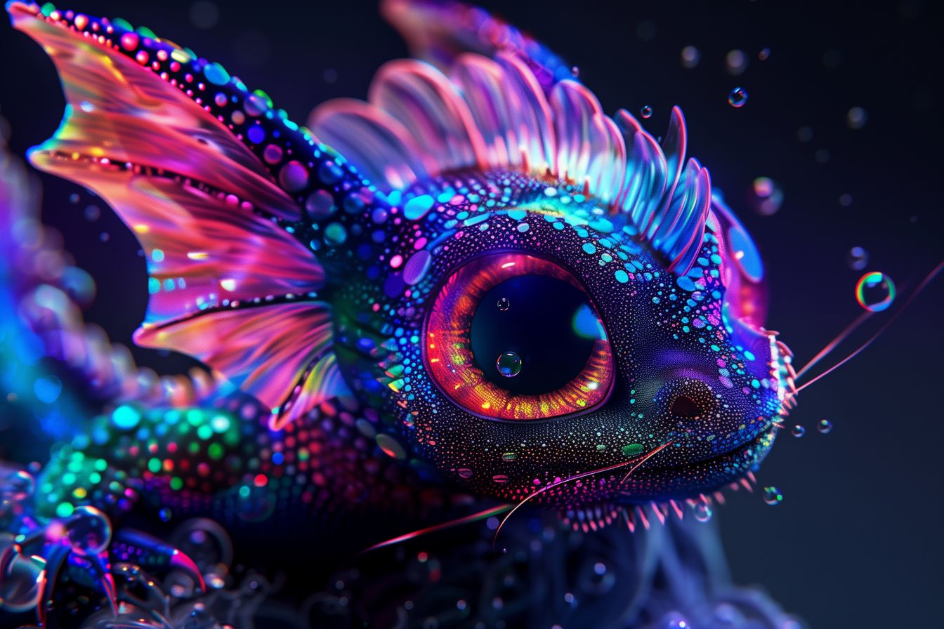 Captivating depiction of a fantastical neon abyssal creature, adorned with vibrant, iridescent hues, perfect for adding whimsy and color to any space.