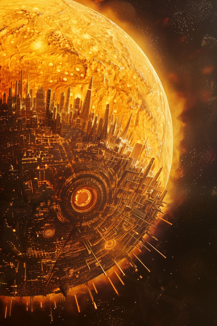 Captivating depiction of 'The Celestial Metropolis,' a futuristic city on the edge of a star, showcasing a detailed cityscape bathed in radiant golden light.