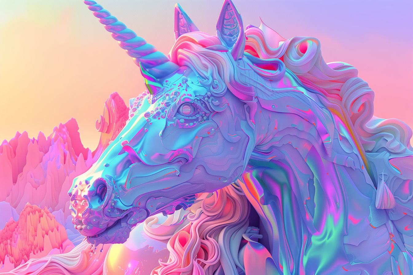 Captivating depiction of 'Ethereal Spectrum Sovereign,' a unicorn with a flowing iridescent mane, in a dream-like pastel-colored landscape.