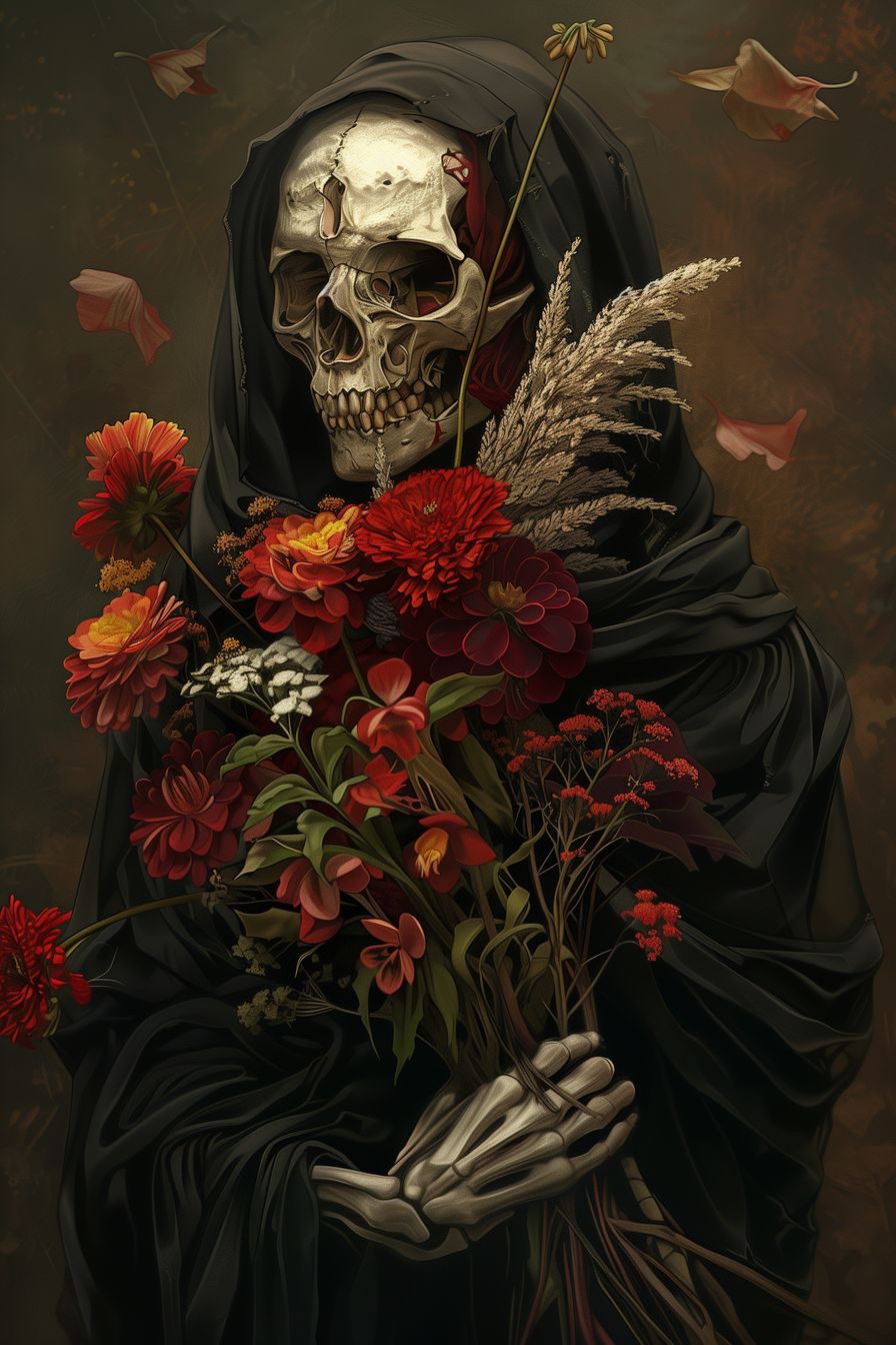 Striking depiction of 'Harvester of Silence,' showcasing a skeleton holding colorful flowers, capturing themes of mortality and beauty.