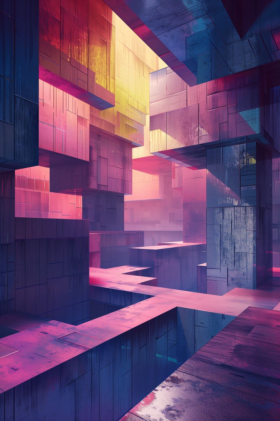 Stunning depiction of 'Chromatic Labyrinth,' showcasing an intricate maze of colors and forms, with a dynamic interplay of light and shadow.