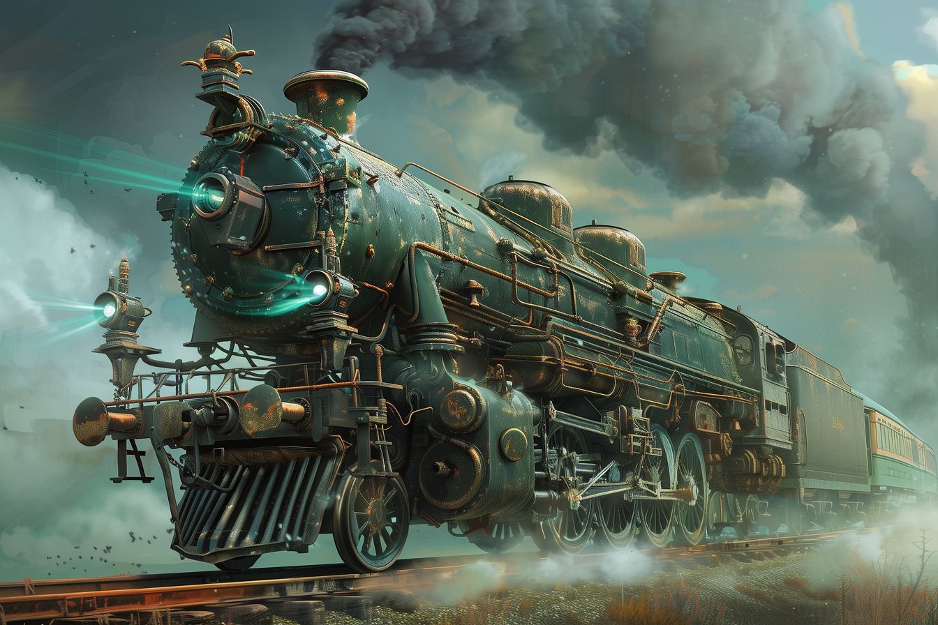 Captivating depiction of a steam locomotive in 'Chrononaut's Express,' showcasing dynamic lighting and a blend of past and future aesthetics.