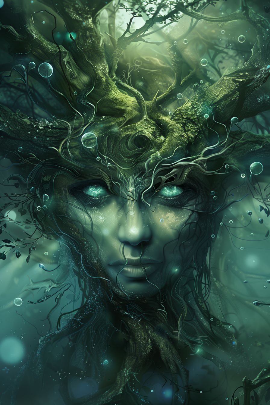 Ethereal depiction of Gaia, the Earth Mother, in 'Whispers of Gaia,' with glowing eyes and intricate details, evoking a deep connection with nature.