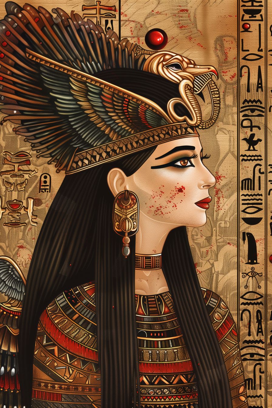 Depiction of an ancient Egyptian queen in 'Eyes of Eternity,' with piercing eyes and detailed regalia, evoking the wisdom and mystery of ancient Egypt.