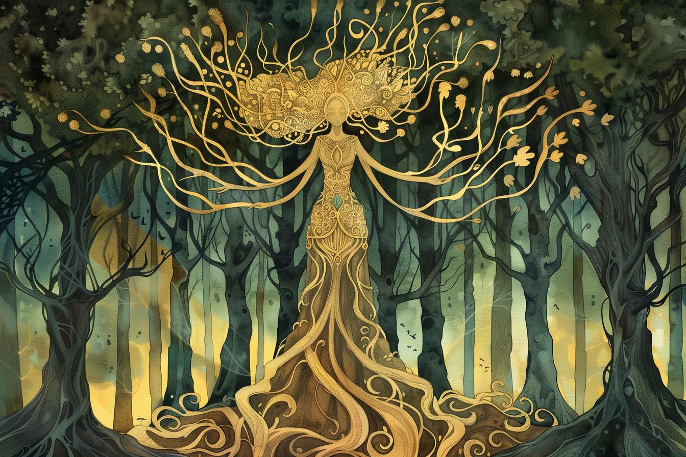 Depiction of a forest spirit in 'Sylvan Symphony,' merging with the woodland, capturing the ethereal beauty and mystical harmony of the forest.