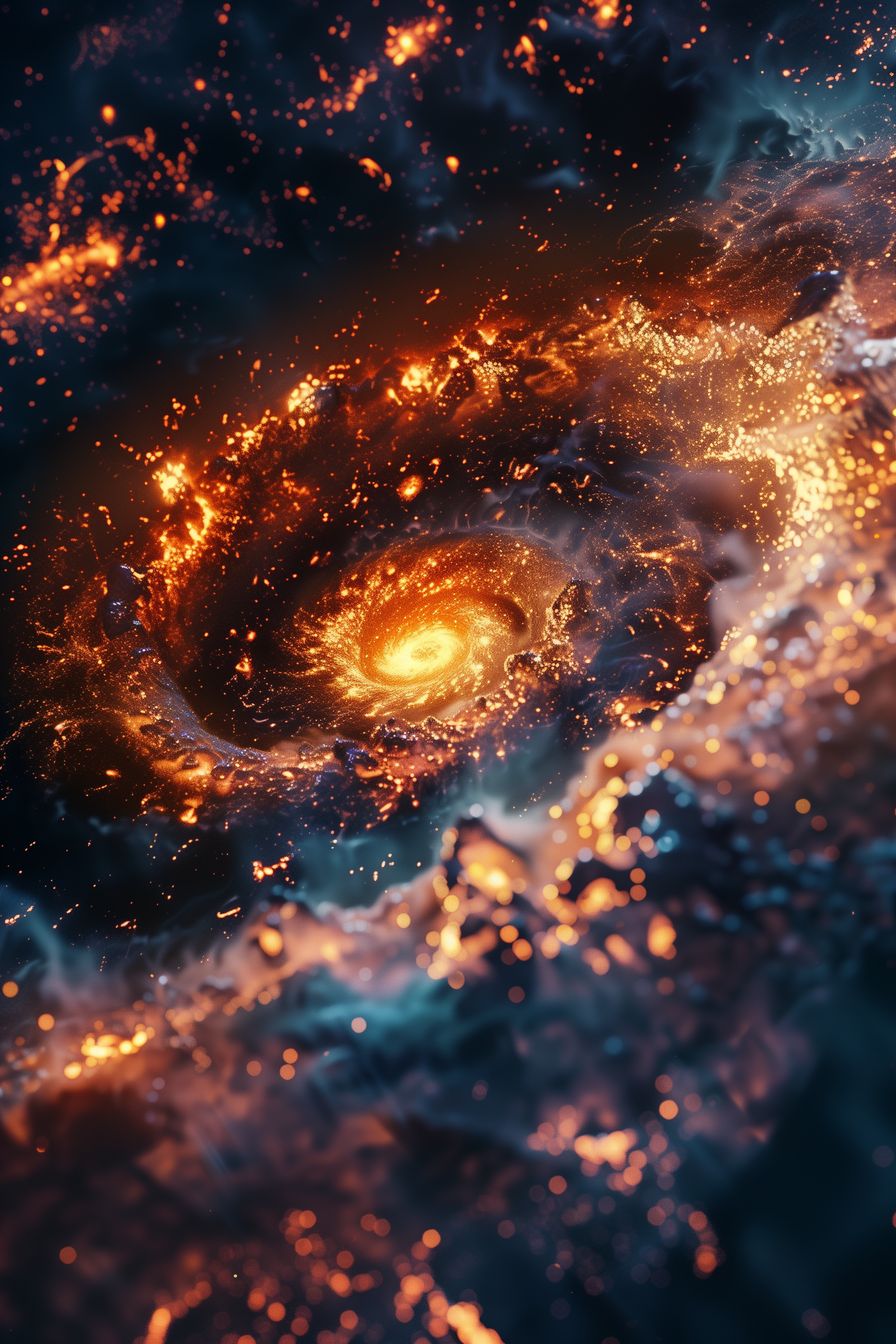 Captivating 'Cosmic Genesis' artwork, showcasing the vivid creation of a galaxy with swirling orange and gold hues in the vastness of space.