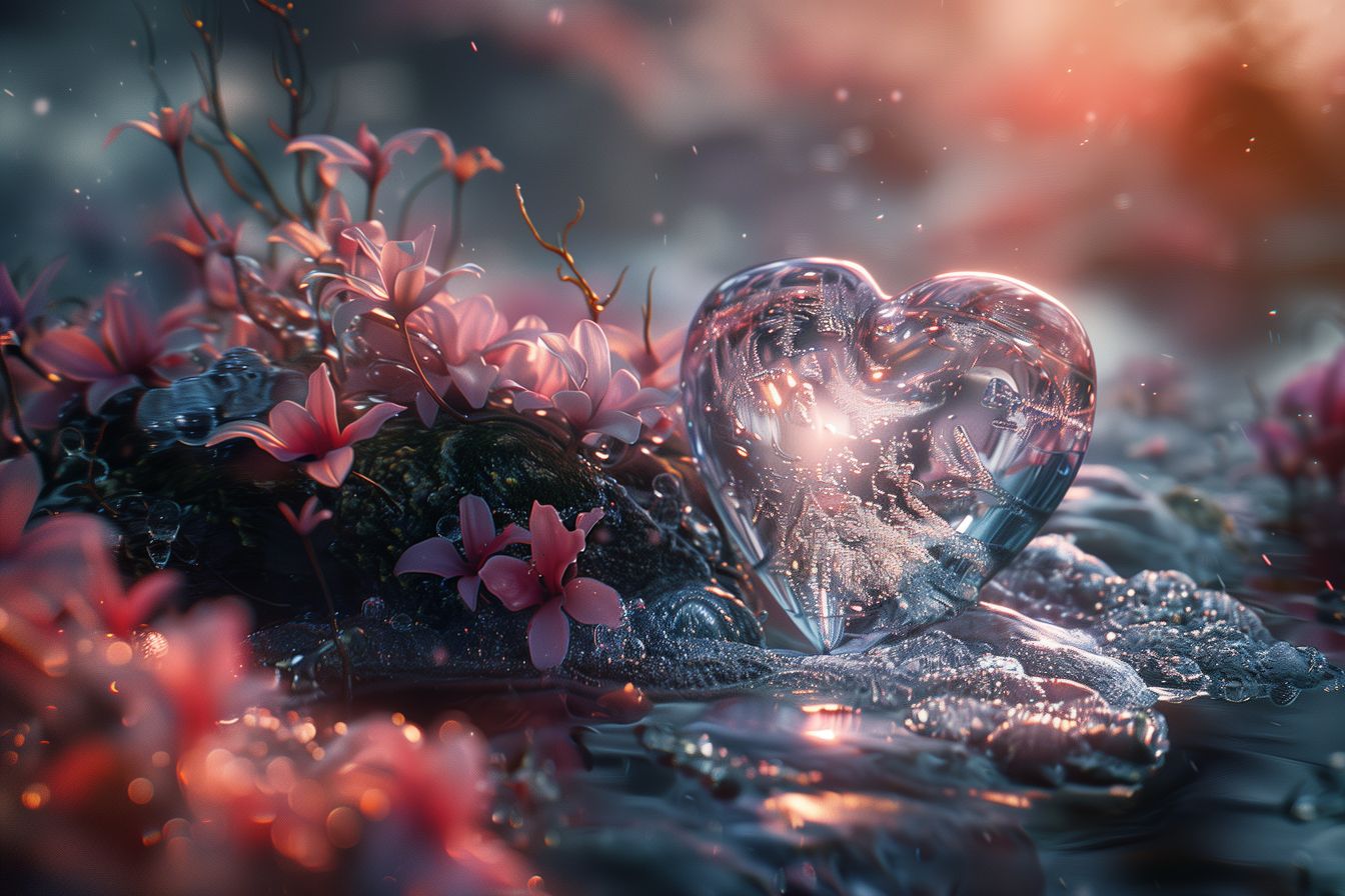 Enchanting 'Eternal Bloom' artwork, depicting a crystal heart nestled among blooming pink flowers, reflecting the light of the setting sun.