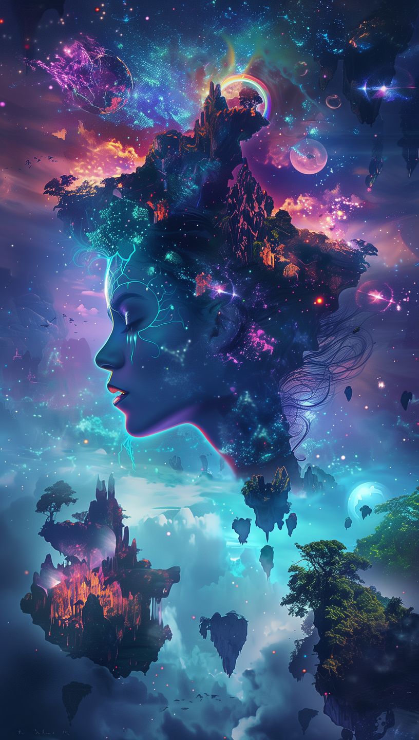 Enchanting 'Cosmic Dreamscape' artwork, depicting a dreaming figure surrounded by the boundless wonders of the universe.