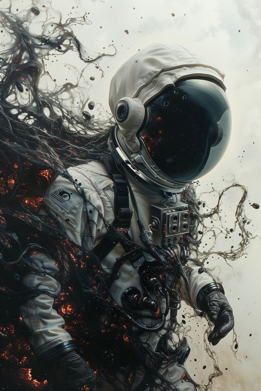 Haunting 'Embrace of the Void' artwork, depicting an astronaut ensnared by dark cosmic substance, capturing the isolation and mystery of space exploration.