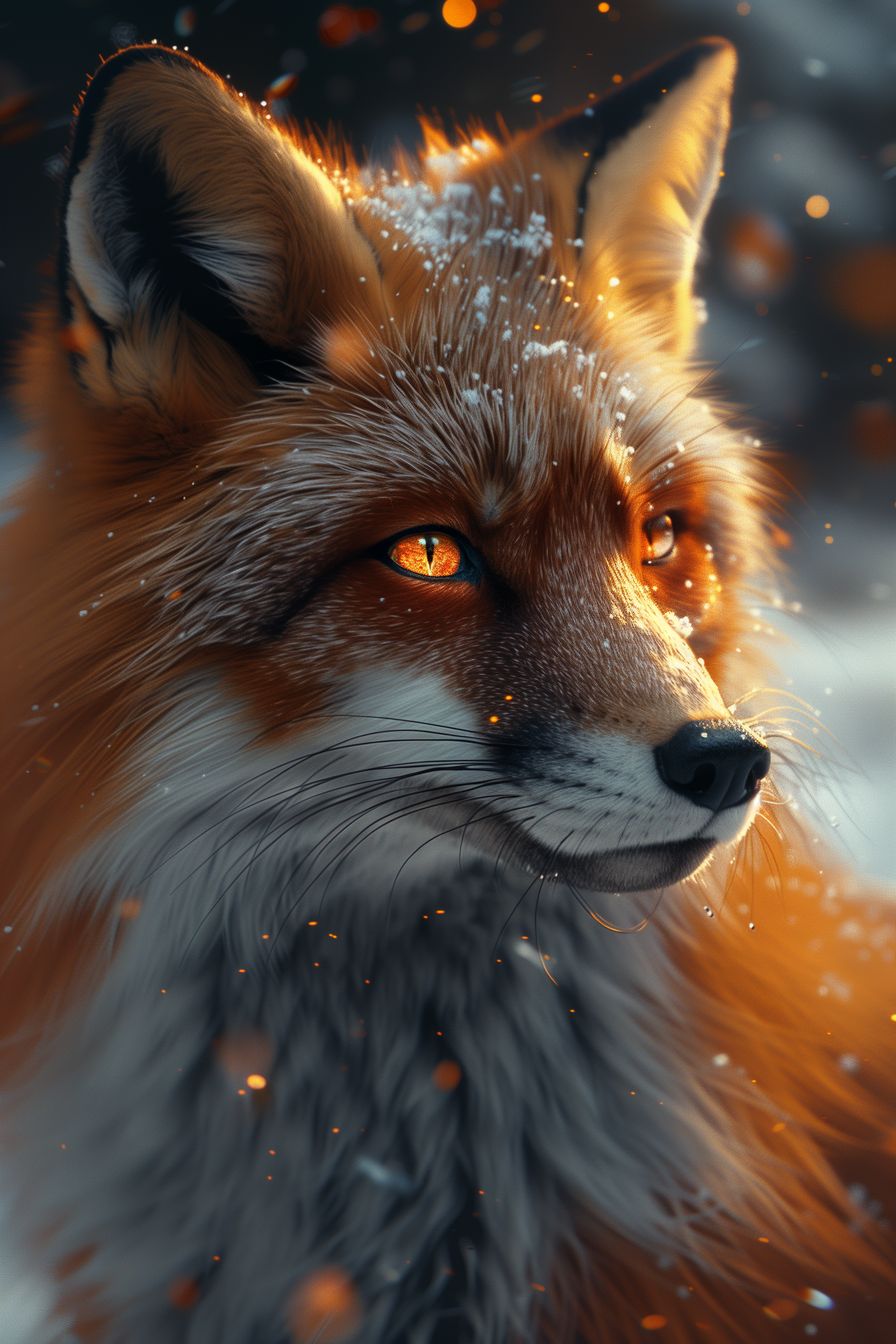 Enchanting 'Whispers of Winter' artwork, capturing the intense gaze of a red fox in a snowy forest with subtle glowing embers.