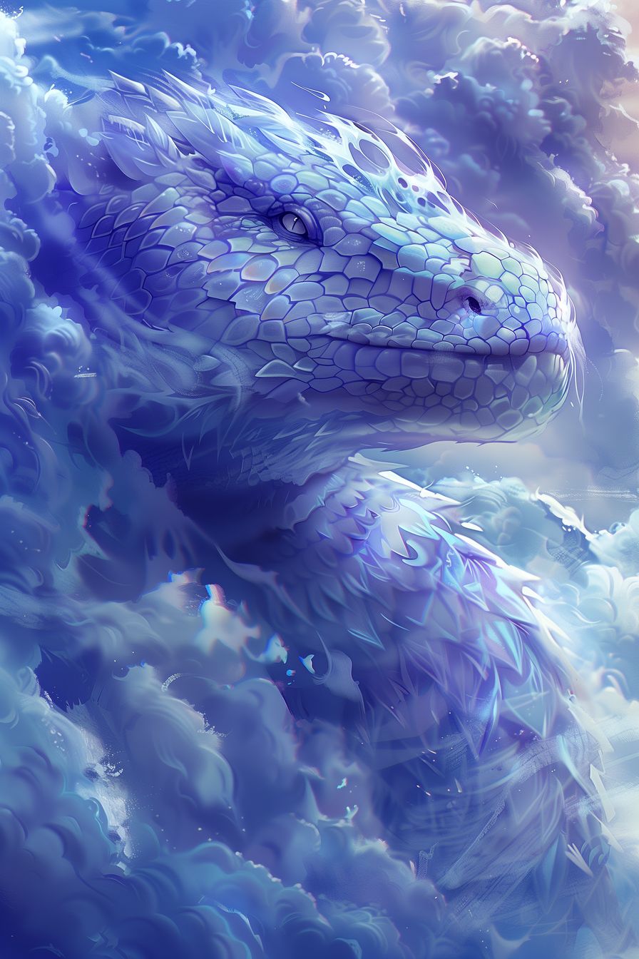 Enchanting 'Celestial Serpent Guardian' artwork, capturing the serene and wise gaze of a dragon amidst a misty, cloud-filled sky.