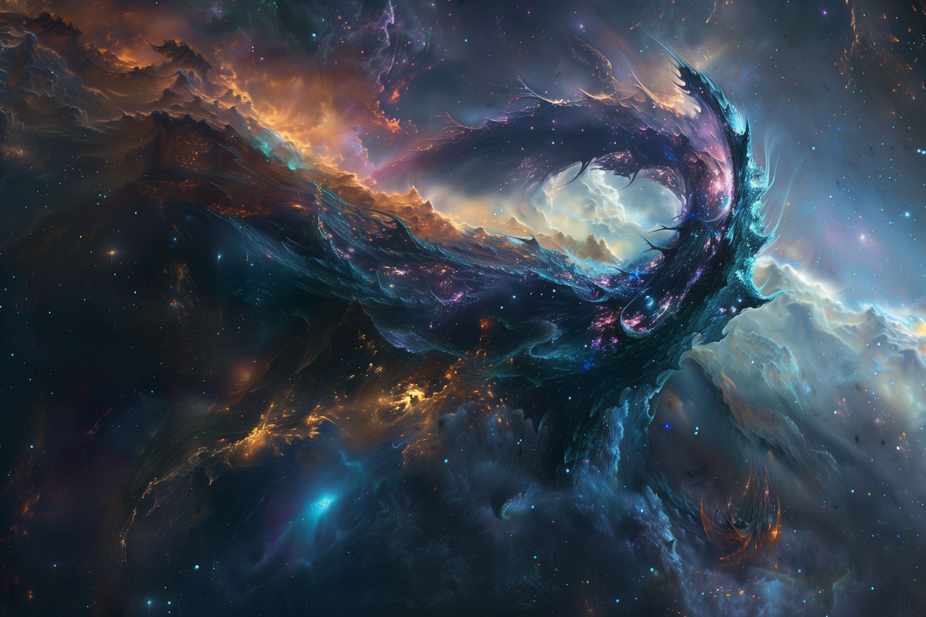 Mesmerizing 'Nebula Serpent' artwork, capturing the ethereal beauty of a cosmic serpent winding through stars and nebulae.