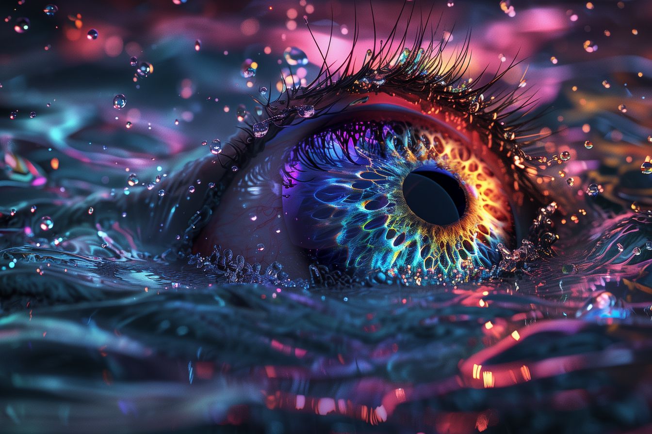 Mesmerizing 'Aqua Iris Enigma' artwork, capturing the surreal beauty of an eye submerged in water, with radiant hues and dynamic water droplets.