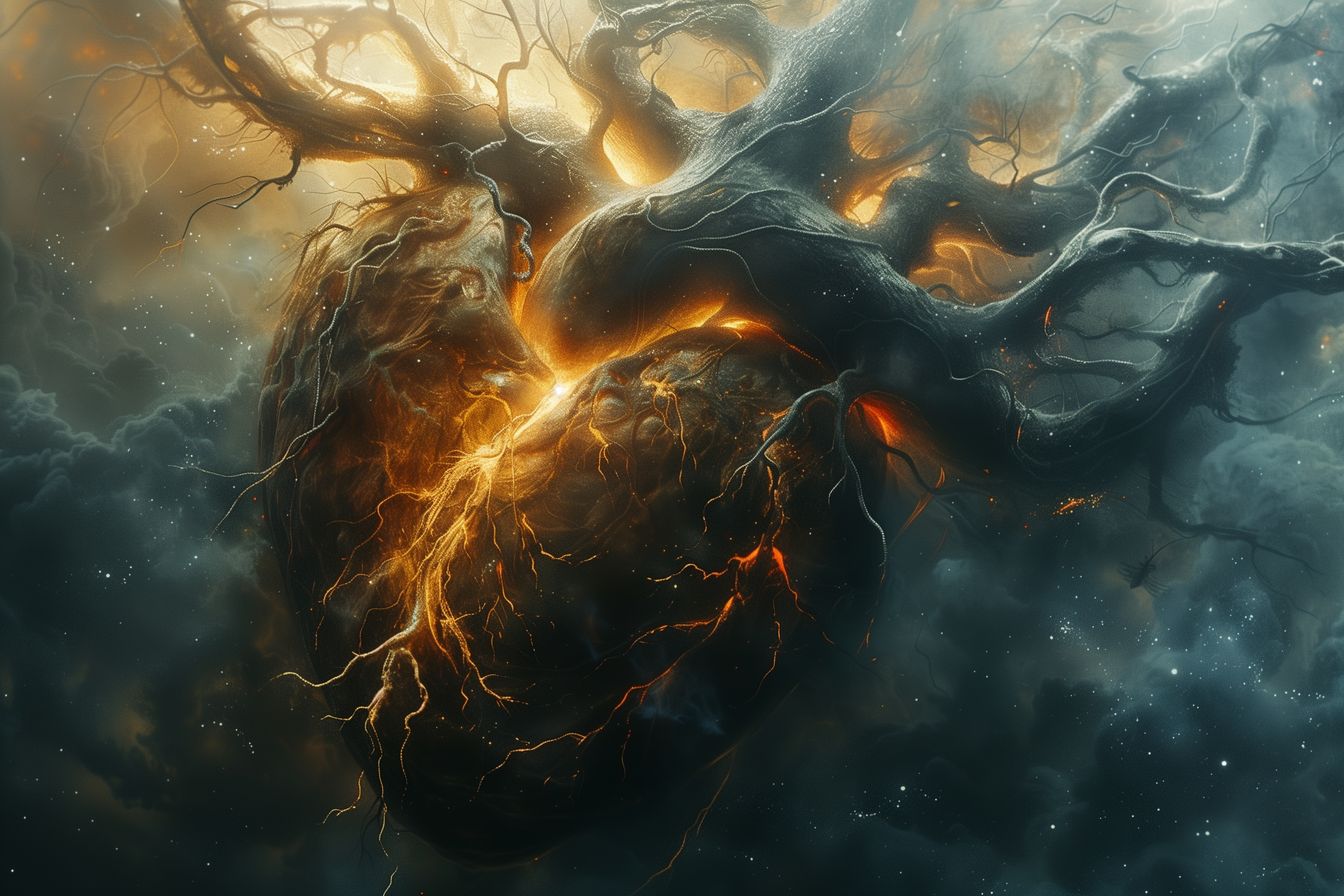 Enchanting 'Nebula's Embrace' artwork, capturing the cosmic connection between a heart-shaped nebula and gnarled tree roots.