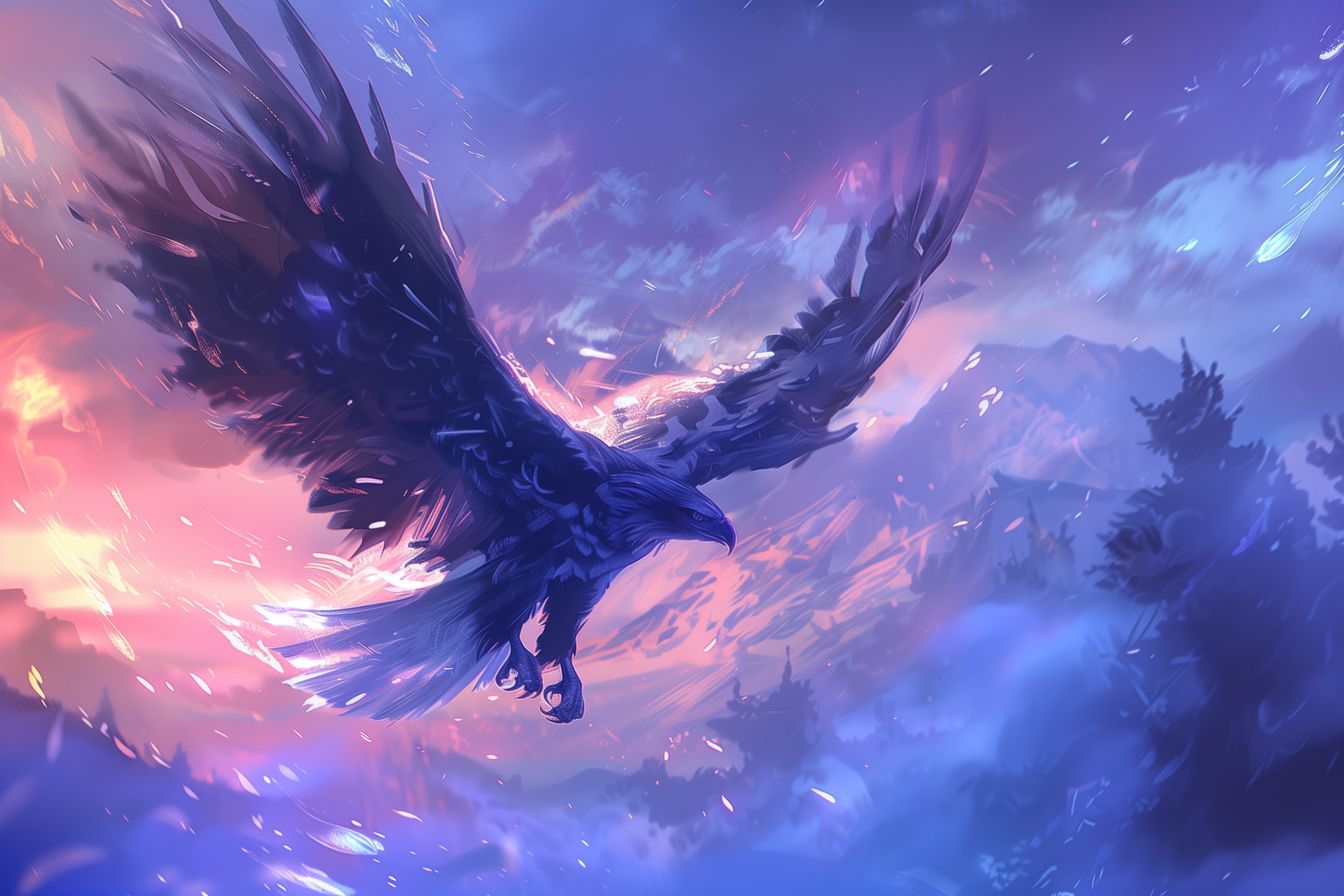 Stunning 'Twilight Sovereign' artwork, capturing the powerful flight of a great eagle against a dramatic twilight backdrop.