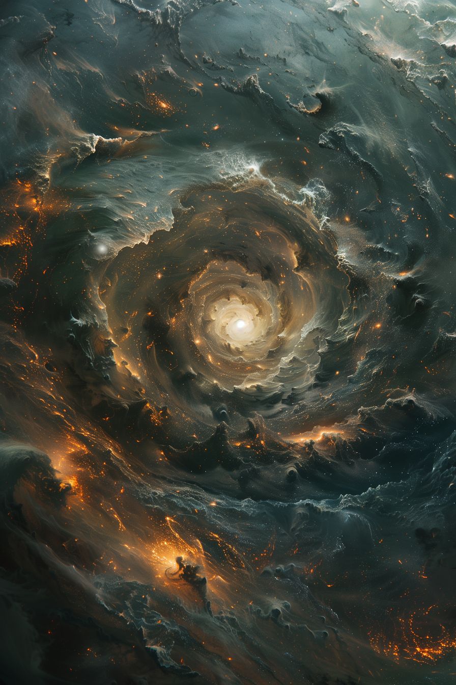 Stunning 'Cosmic Rendezvous' artwork, capturing the dynamic interplay of light and dark in a celestial storm.