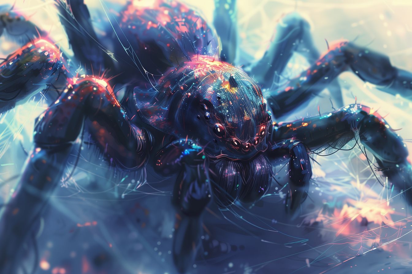 Stunning 'Celestial Sentinel' artwork, depicting a cosmic spider adorned with iridescent colors and intricate web details.