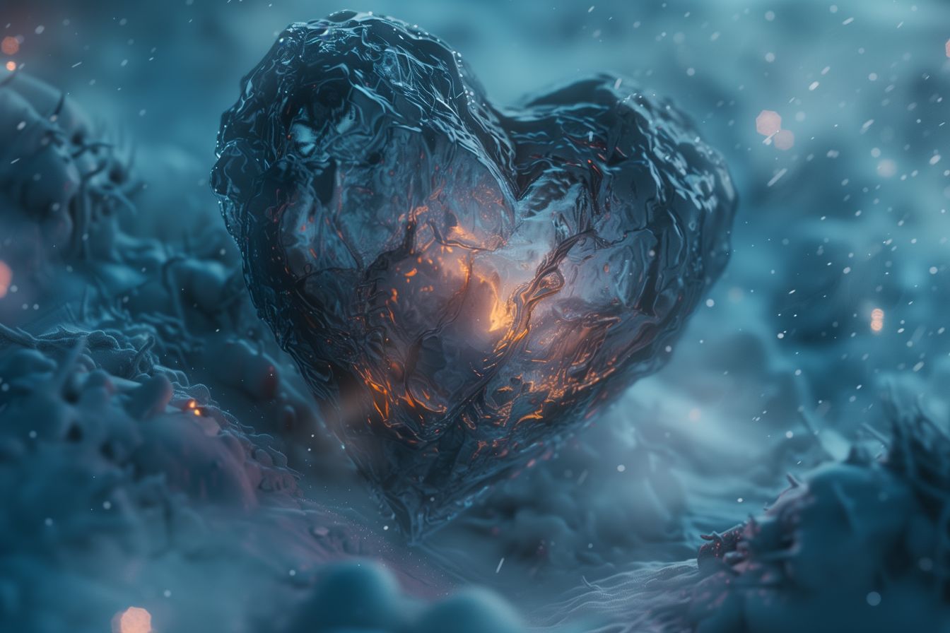 Stunning 'Frozen Embrace' artwork, depicting a radiant heart in a frozen landscape with intricate details and a captivating visual effect.