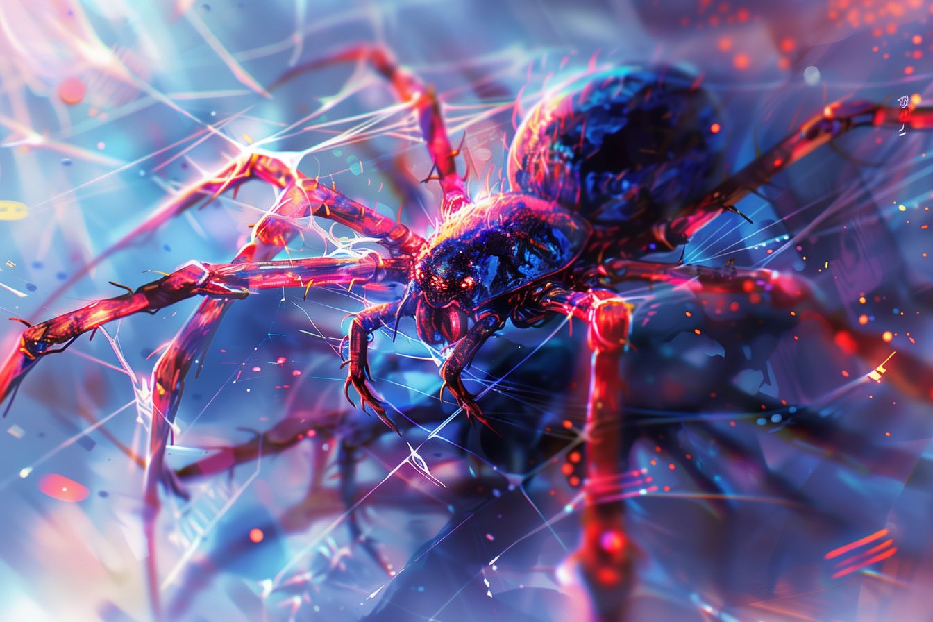 Captivating 'Neon Weaver' artwork, depicting a spider with neon colors against a background of glistening webs.