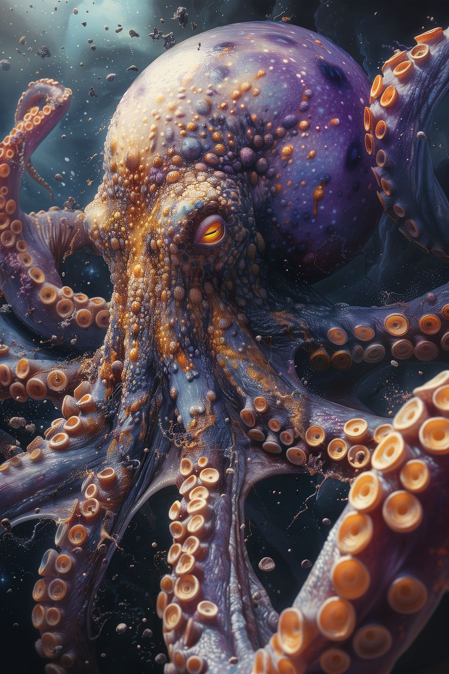 Captivating 'Cosmic Sentinel' artwork, depicting a celestial octopus against a backdrop of stars and cosmic debris.