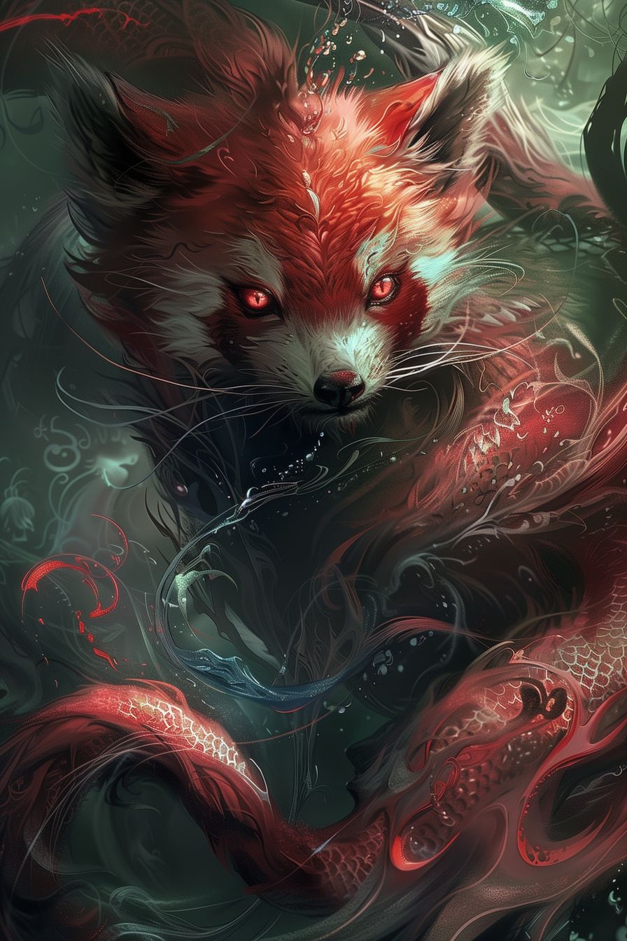 Captivating 'Mystic Ember' artwork, depicting an enigmatic fox with intense red eyes and a magical aura.