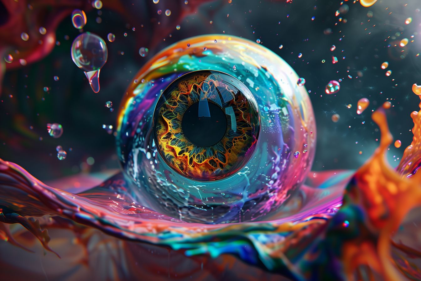 Captivating 'Essence of Enigma' artwork, depicting an eye with intricate patterns, set in a vibrant and dynamic liquid swirl.