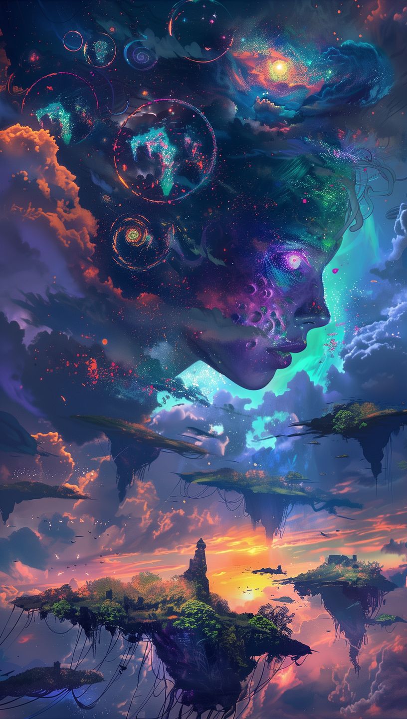 Enchanting 'Dreamscape Voyager' artwork, depicting a surreal scene of floating islands and a mystical cosmic face.