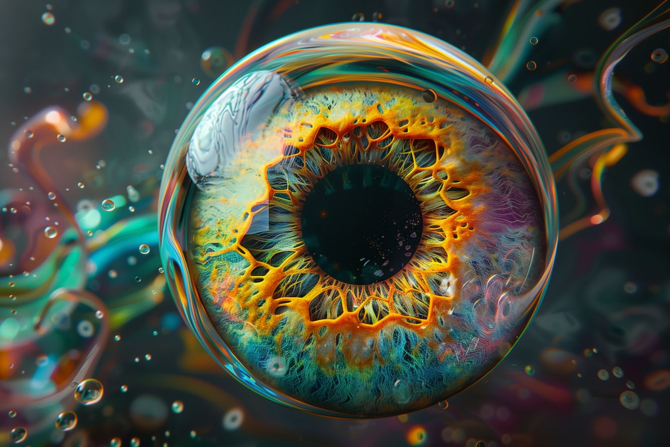 Mesmerizing 'Spectral Gaze' artwork, depicting a surreal and colorful eye surrounded by fluid-like shapes and bubbles.