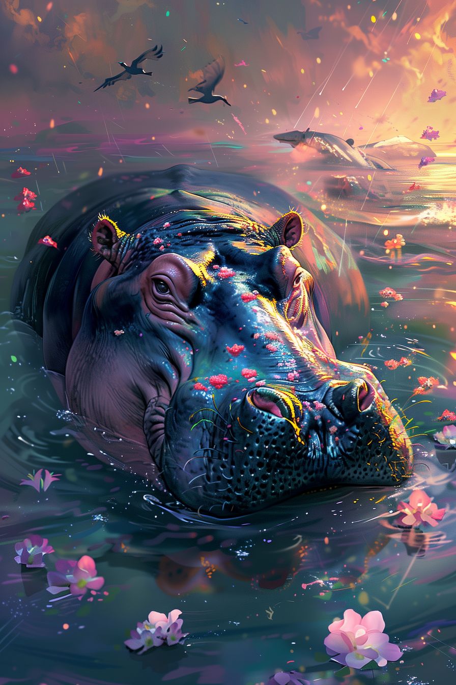 Serene 'Twilight Serenity' artwork depicting a hippo in a tranquil water scene during twilight, with vibrant colors and soft rain.