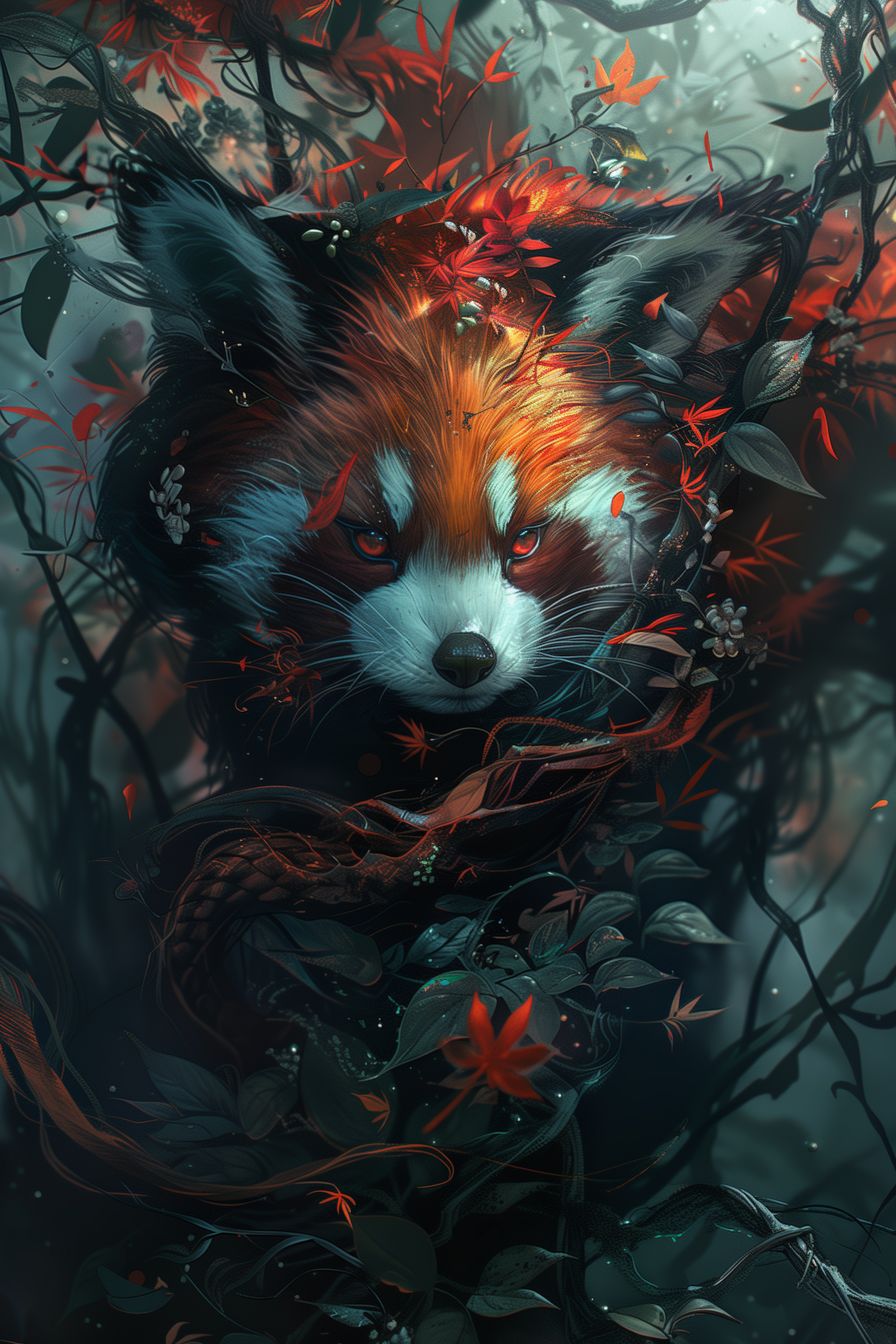 Serene 'Whispering Wilds' artwork depicting a red panda in a tranquil forest setting with intricate details.