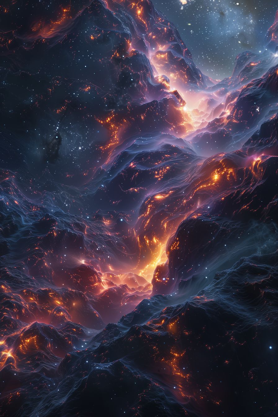 Stunning 'Celestial Embers' artwork depicting a scene of cosmic beauty with fiery embers and celestial light.