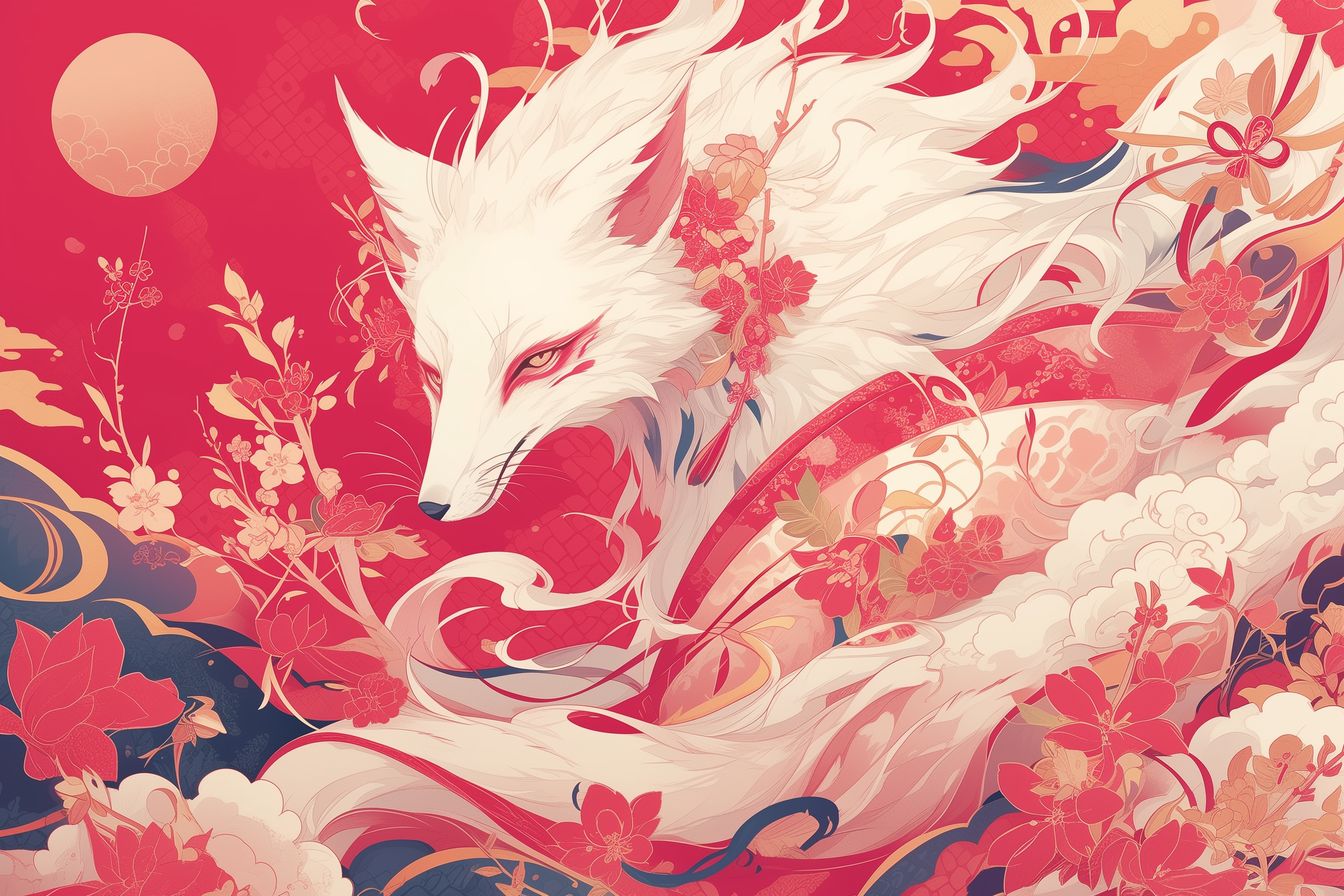 Captivating 'Crimson Whisper' artwork depicting a white fox with piercing eyes and flowing floral elements.