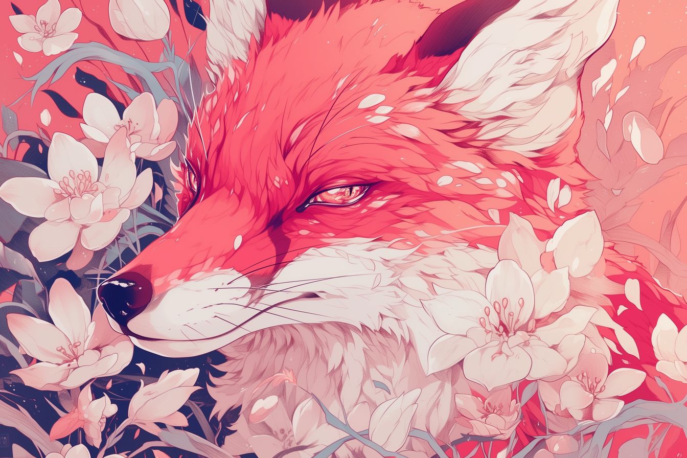 Captivating 'Blossom's Sentinel' artwork depicting a red fox with intense gaze and vibrant fur against soft petals.